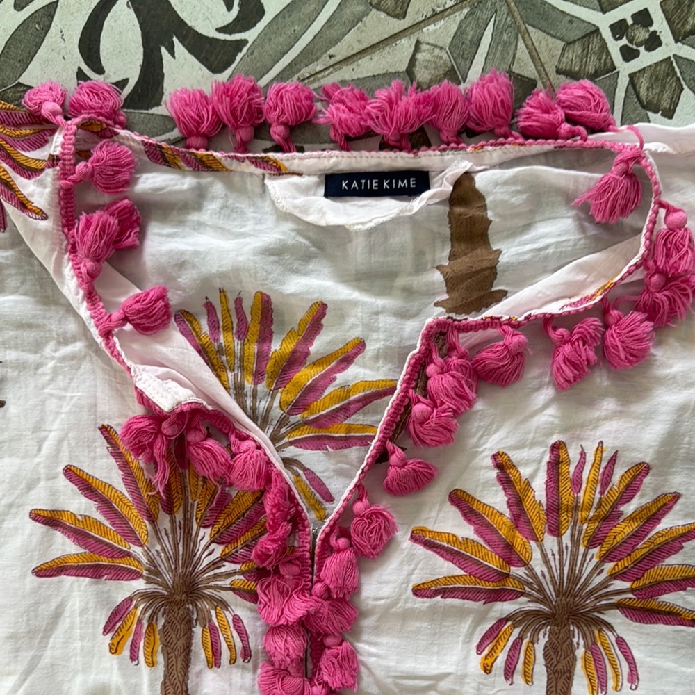 Katie Kime Palm Print Tunic with Pink Tassels - Picture 2 of 5